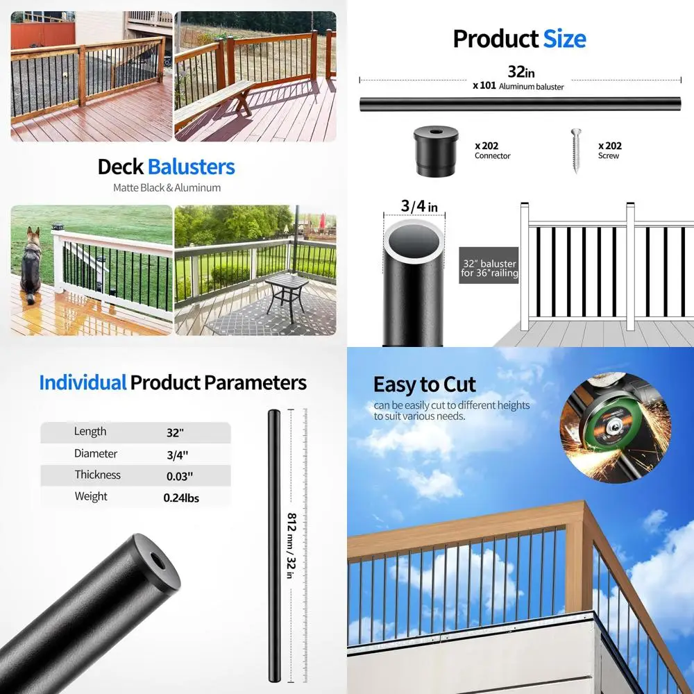 

32 x 3/4 Black Round Aluminum Balusters for Deck Railing, Outdoor Staircase, and Porch - 101 Pack, Suitable for Indoor and Outdo
