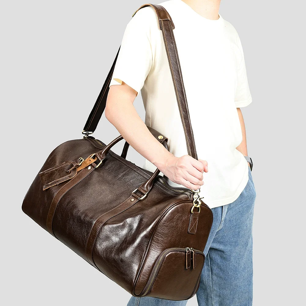 

Luxury Genuine Cow Leather Travel Bag Unisex Carry-On Duffle Shoulder Bag for Men And Women Weekend Getaway Luggage Accessory