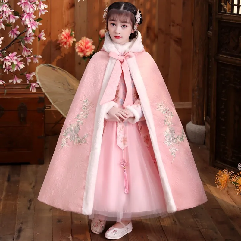 Children's shawl cape Winter outing windproof hooded coat girls plus cashmere Hanfu cape Chinese style