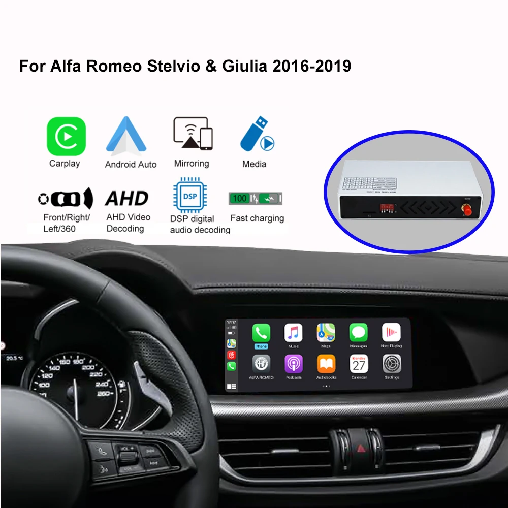 Plug-and-Play Wireless CarPlay Android Auto Mirror Link Radio für Apple Alfa Romeo Stelvio Giulia/Giulietta Radar Detector