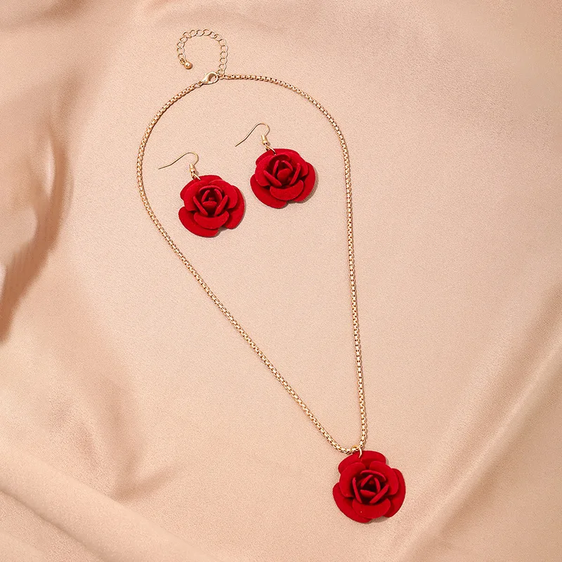Rose Iron Plastic Pendant Necklaces Dangle Earrings Sets for Women Golden 500mm