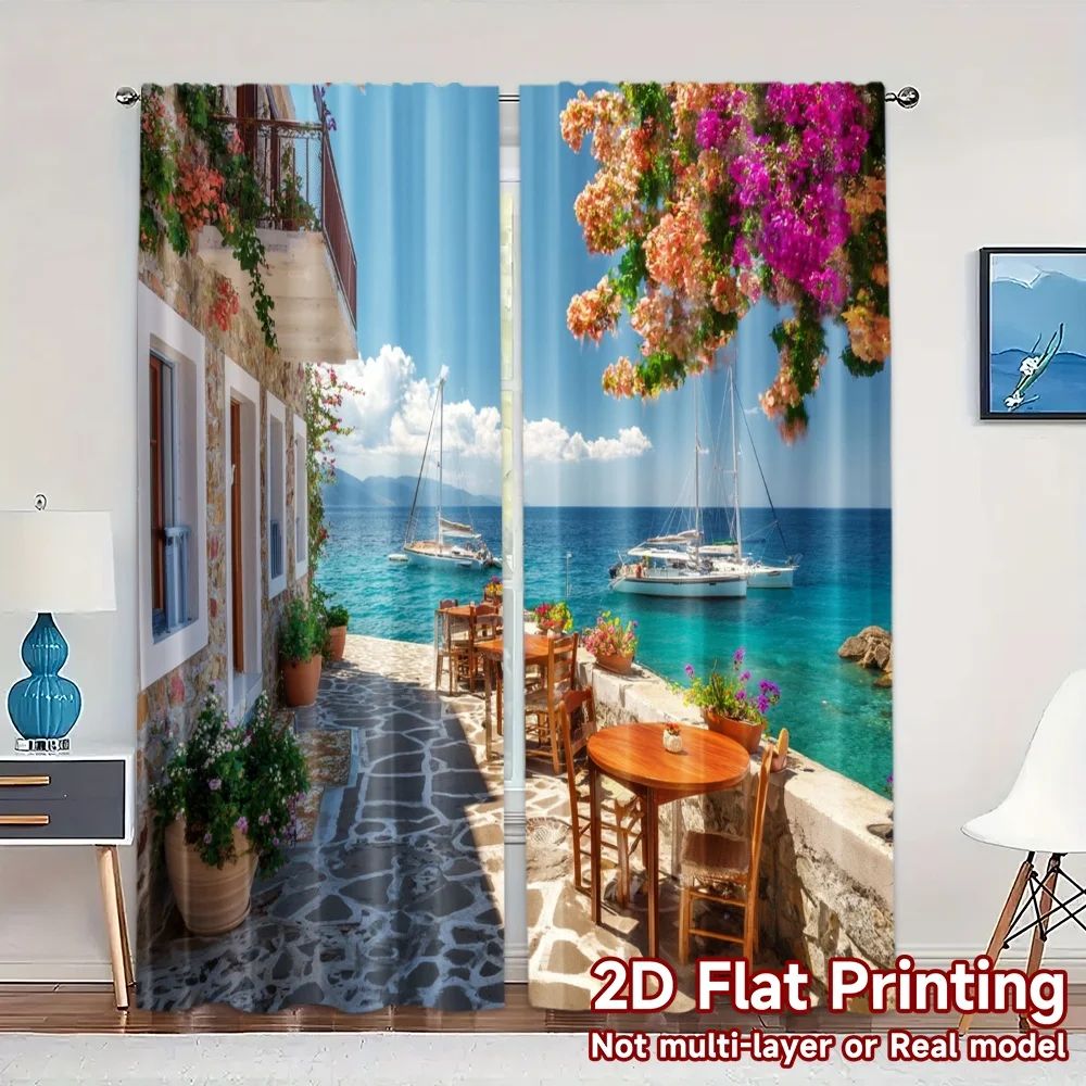 2pcs, 2D FLAT PRINTING Curtains (Without Rod) Seaside Bloom(2) Modern Window Curtain Yarn Curtains Decorations Inside Perfect