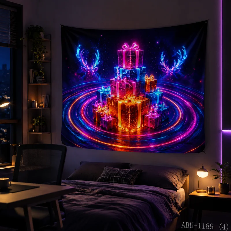 VIKAMA Neon Purple Blue Gift Stack Reindeer Antler Silhouette Halo Starry Christmas Tapestry Bedroom Living Room Dorm Home Decor