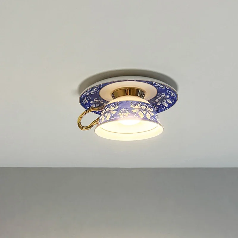 TechHPChinese Style Blue And White Cup Ceiling Lights Dining Room Kitchen Cafe Fixtures Indoor LED