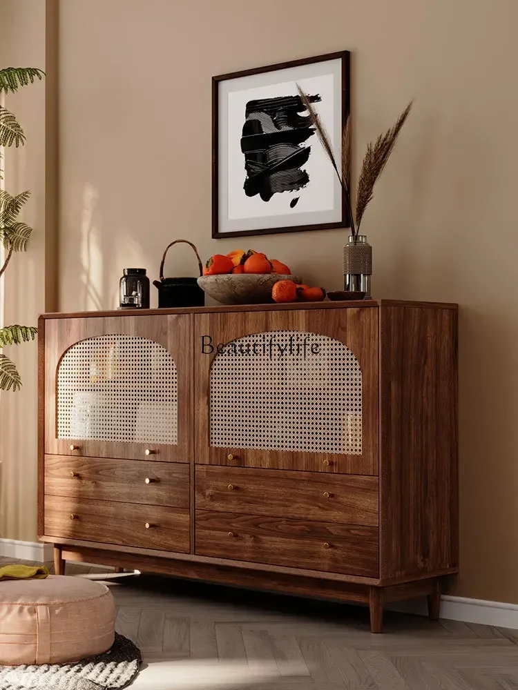 

Ljy LRetro Sideboard Cabinet Small Apartment Living Room Simple Rattan Storage Cabinet Walnut Color Storage