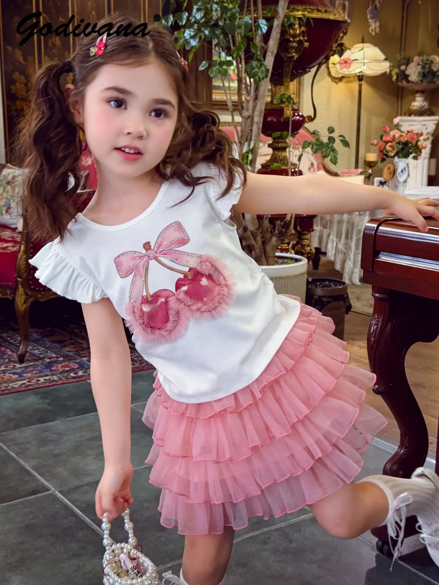 Sweet Baby Girls Short-sleeve T-shirt Summer 2026 New Kids Trendy Cartoon Print Racerback Top Undershirt and Tulle Cake Skirt