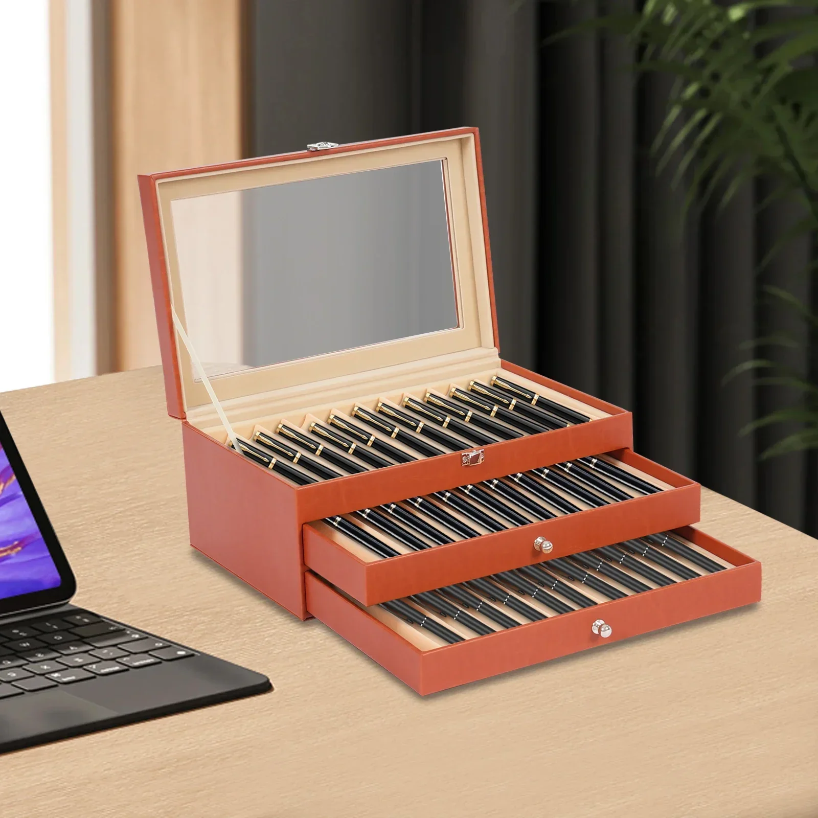

Pen Display Box with 36 Slots, Glass Lid, Velvet Lining, Stain-Resistant and Impact-Resistant, Ideal for Organizing and Showcasi