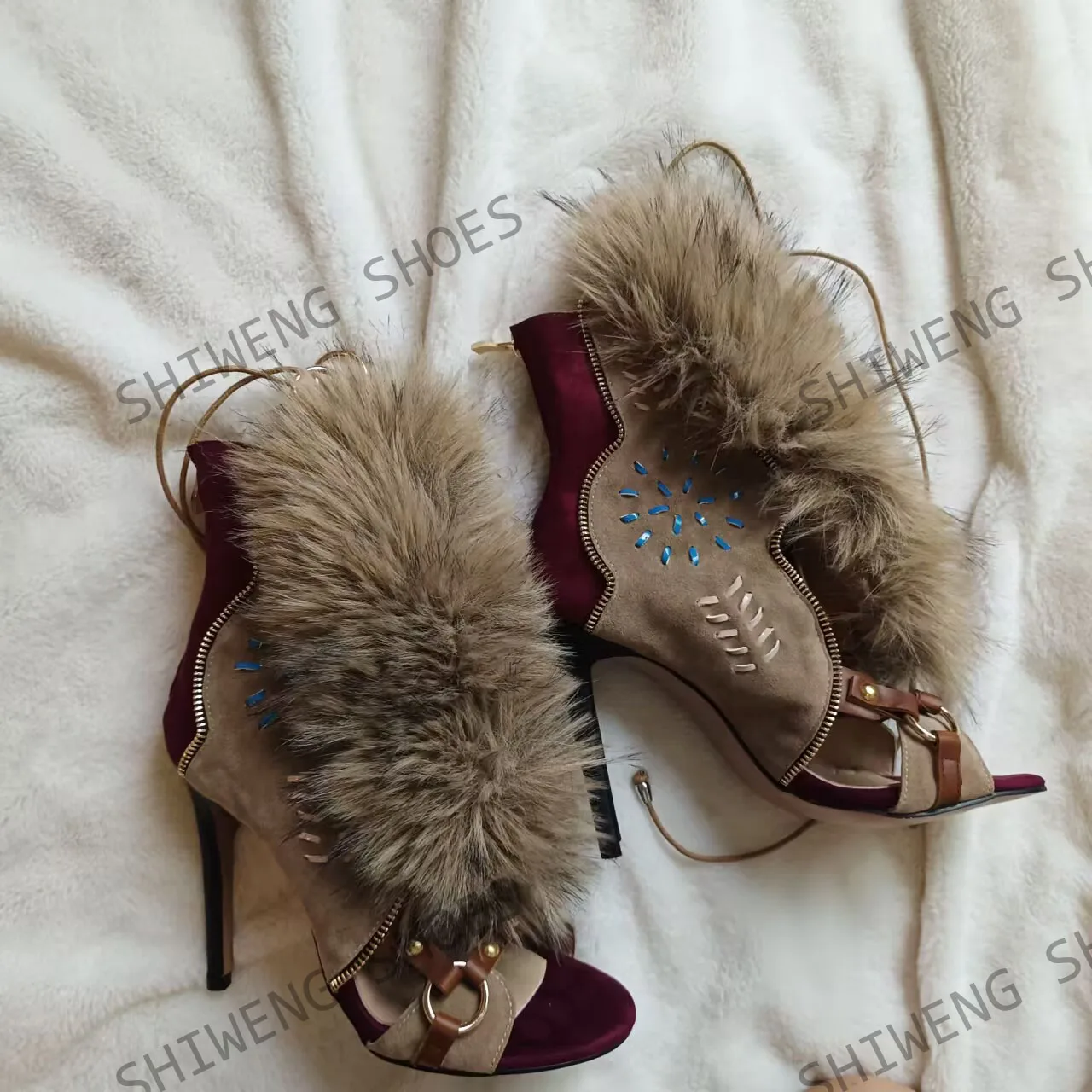 2025 Furry Belt Buckle Ankle Boots Women Sweet Fashion Boots Lace Up High Heeled Shoes Ladies Nifty Party Big Size Boots 44 image 6