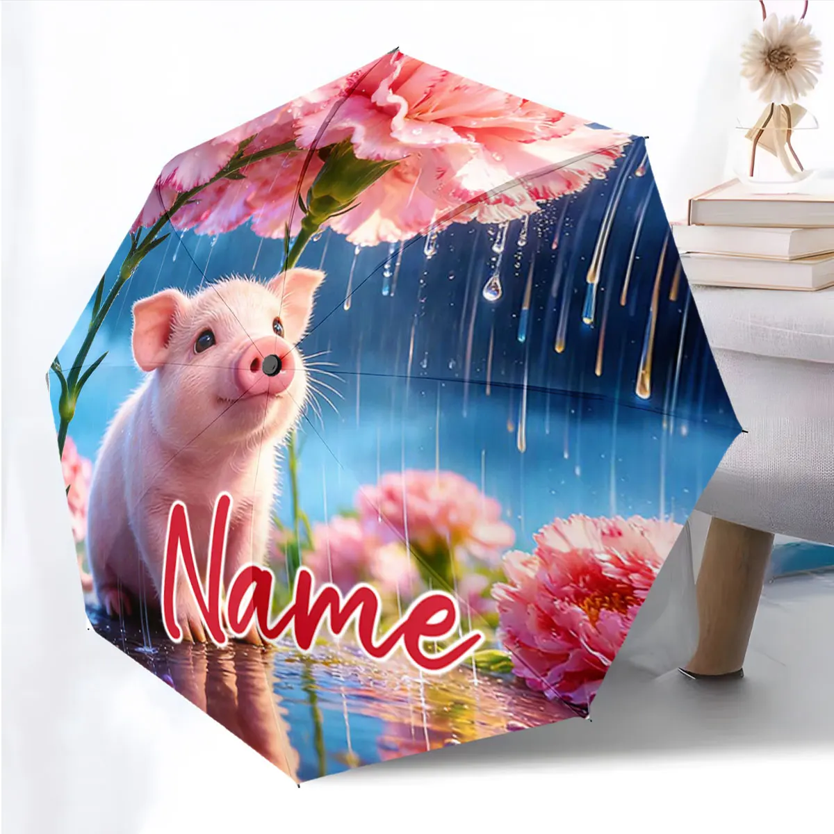 Custom Name Piglet Beneath Pink Flowers with Rain Droplets Print 8 Iron Ribs Folding Umbrella Auto-Open Fashion Sunshade