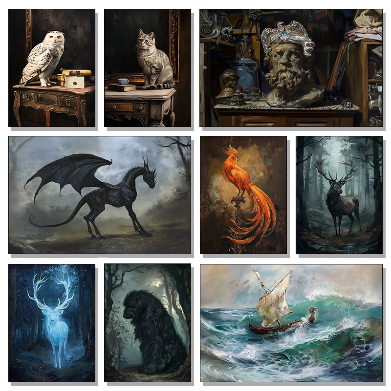 Vintage Dark Wizarding World Translucent Blue Doe Ginger Cat Desk Lion with Crown Posters Animals Canvas Paints Farm Home Dec