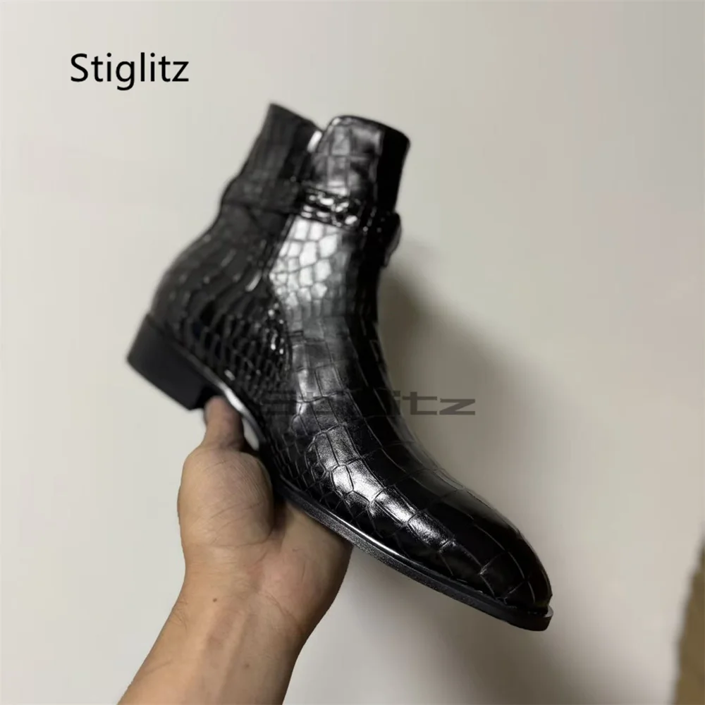 Black Crocodile Print Genuine Leather Ankle Boots for Men Belt Buckle Pointed Toe Low Heel Chelsea Boots Party Business Shoes