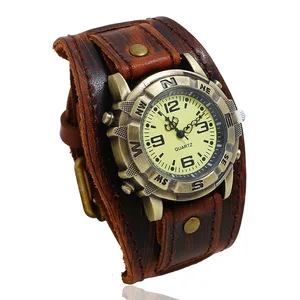 2025 Retro Large Width Width Genuine Leather Bracelet Men's Watch Punk Quartz Manguit 12 Main Sales Different Watch - №4