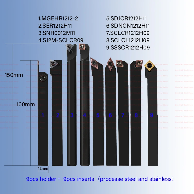 9pcs 12mm Turning Tool Holder Set CNC Lathe Cutter Shank Boring Bar MGEHR1212 SER1212H11 SNR SCLCR SDJCR SDNCN SSSCR Inserts