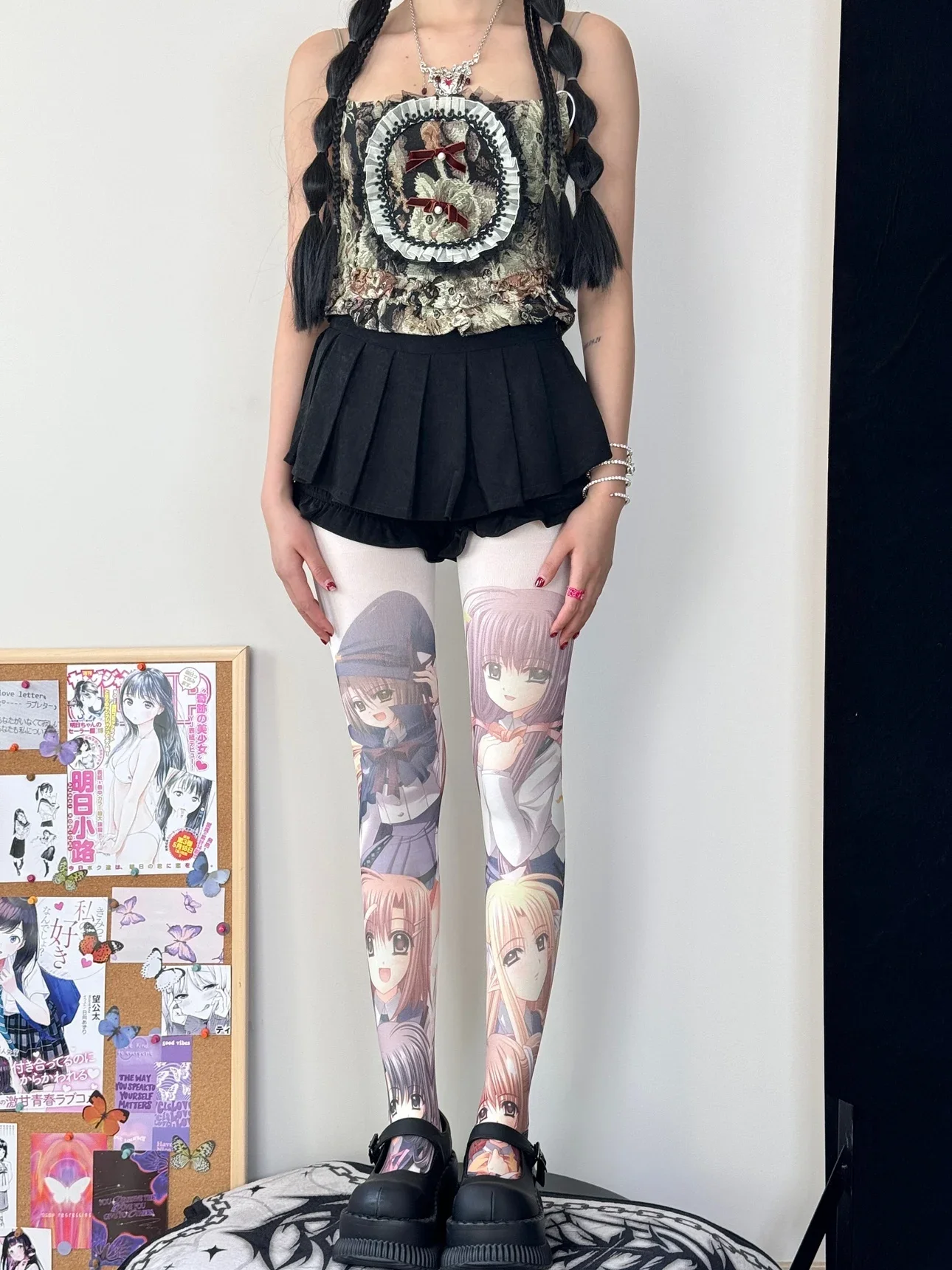 Lolita Socks Women's Cartoon Printed Pantyhose Japanese Sweet Cute Cotton Pantyhose Tights Stockings Black Pantyhose Women