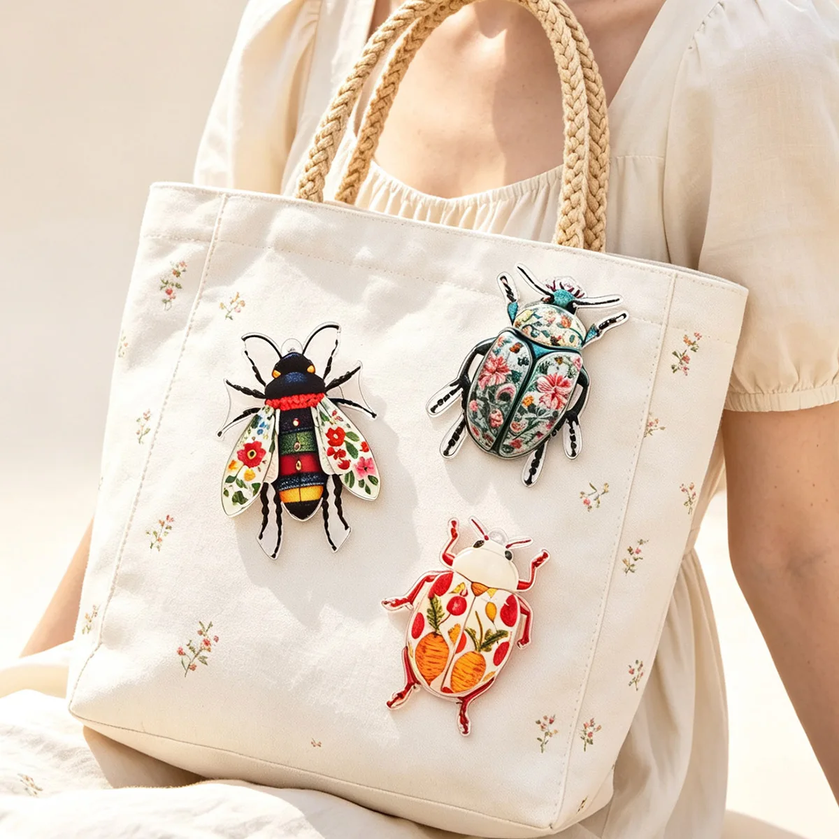 Rural Style Flower Pattern Beetles Brooches For Unisex Trendy Personality Acrylic Insect Pins Casual Daily Accessory Friend Gift