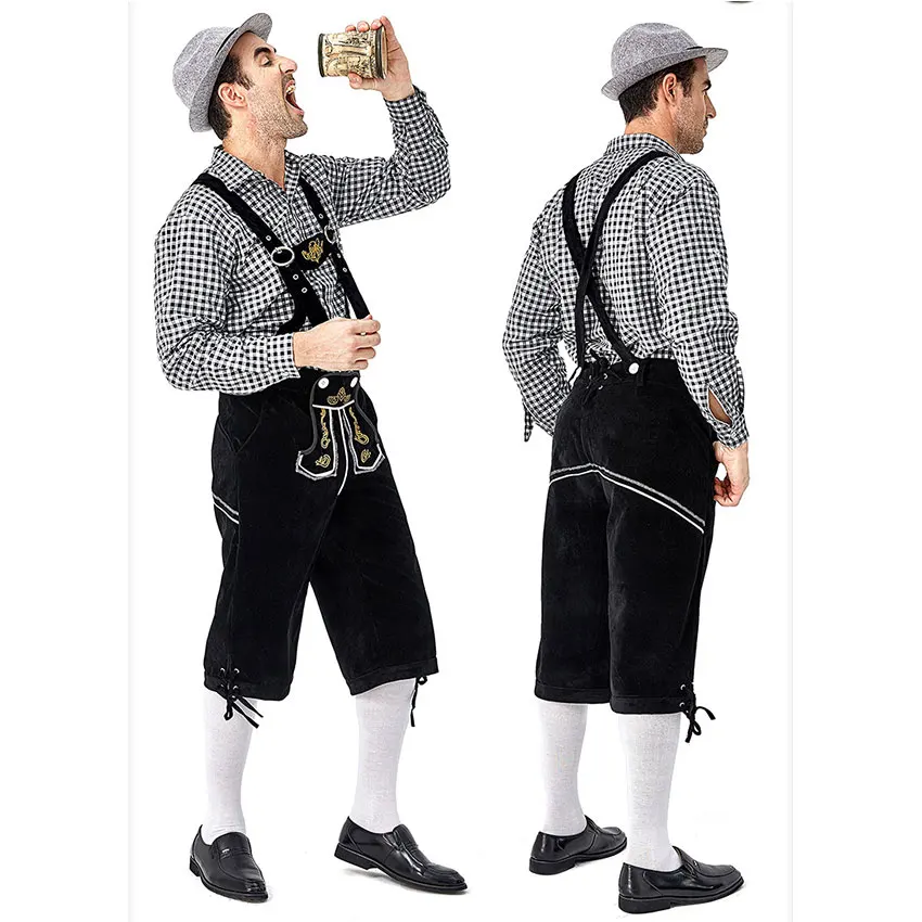 German Traditional Oktoberfest Men's Plaid Shirt Embroidered Overalls And Hat Suit