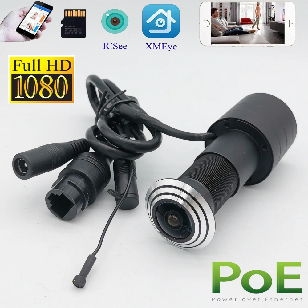 1080P HD wizjer otwór H.265 1.78mm 1.66mm szeroki kąt 180 stopni CCTV sieć Mini wizjer oczu POE drzwi kamera IP P2P Audio