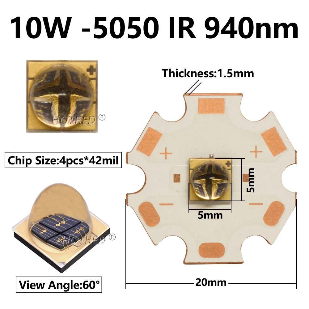 LED 10W Infrared IR 940nm High Power 5050 XML Bead Chip Emitter 4Chips Ceramic Bracket DC2.5-4.0V 1500mA for Night Vision Camera