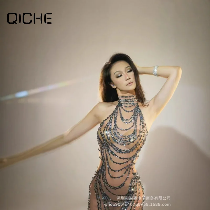 QICHE Elegant Ladies Nude Mesh Bodycon Dress Luxury Gold Rhinestone Sexy Evening Dress Concert Annual Banquet Party Gown