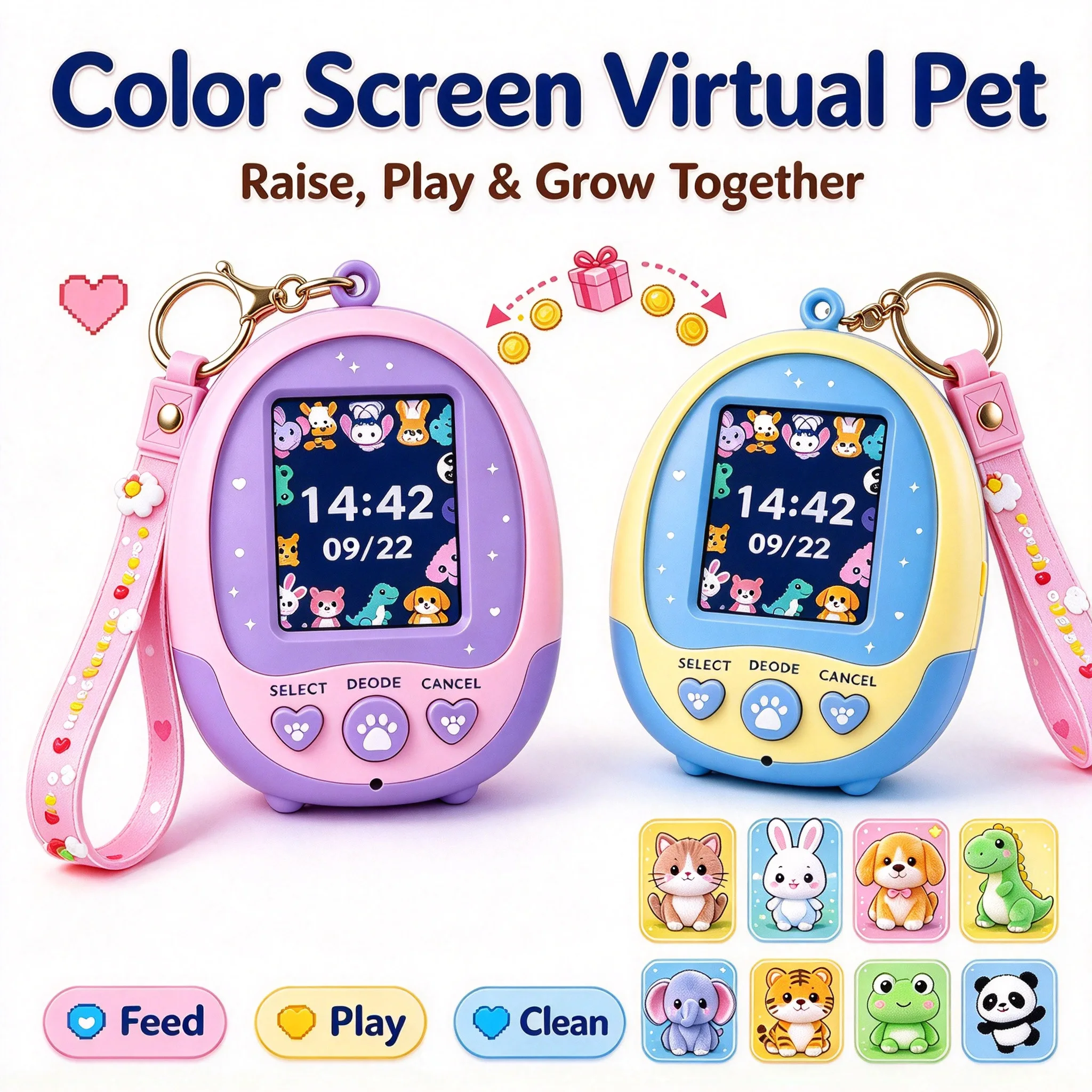 Christmas Gift! Colorful Large-Screen Virtual Pet Toy, 2026 New Handheld Electronic Digital Pet Game Console, Comes with a Keychain, 8 Cute Pets to Raise, Halloween Gift, Creative Gift, Stocking Stuffer for Christmas (