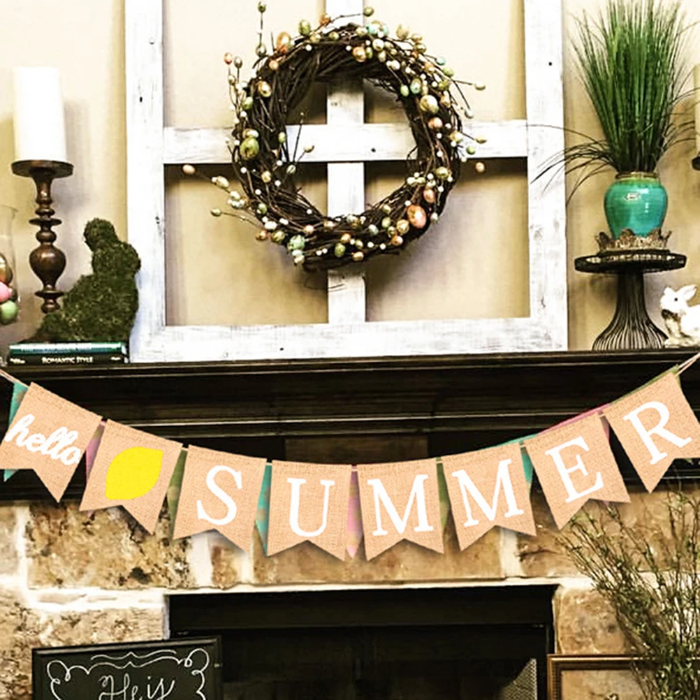 

Summer Party Garland Burlap Banner Hello Summer Swallowtail Shaped Decorative Flags Walls Ceilings Backdrop Photo Prop Festive