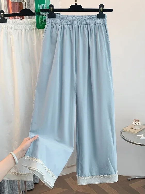 Ele High Waist Wide Leg Pants Women's Summer New Artistic Casual Straight Leg Pants Lace Trim Airy Comfortable Cotton Linen