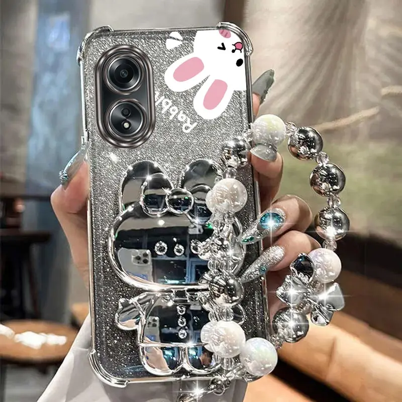 A 58 Airbag Glitter Mirror Rabbit Phone Holder Case On For Oppo A54 A55 A57 A58 A76 A77 A78 96 4G 5G Anti-knock Stand Back Cover