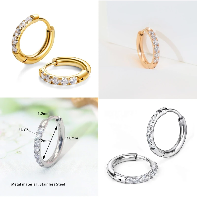 Gold-Color IP Plated 316 Stainless Steel Hoop Earrings 1.6/2.5mm 6/10/12mm Diameter with Zircon No Fade Allergy Free Brief Style