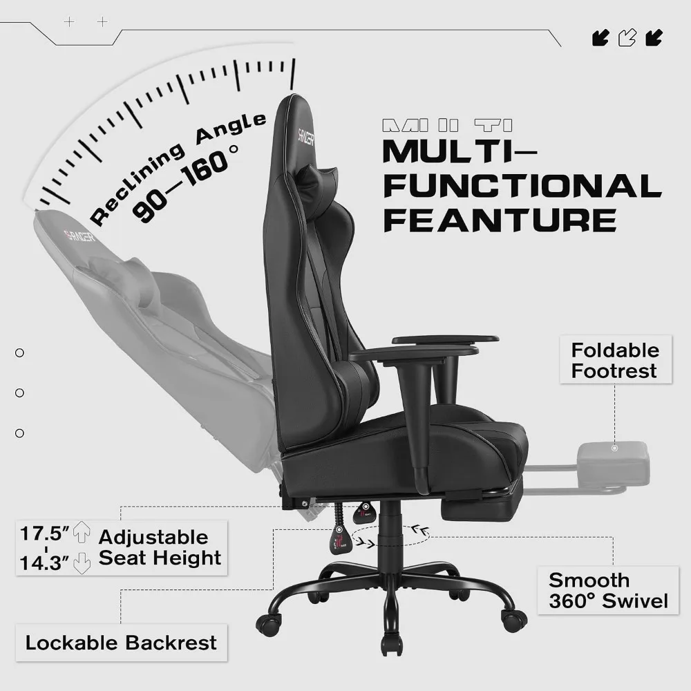 Gaming Chairs: Ergonomic Desk Chair with Footrest, Massage Lumbar Support, Height Adjustable, Swivel Seat view 6