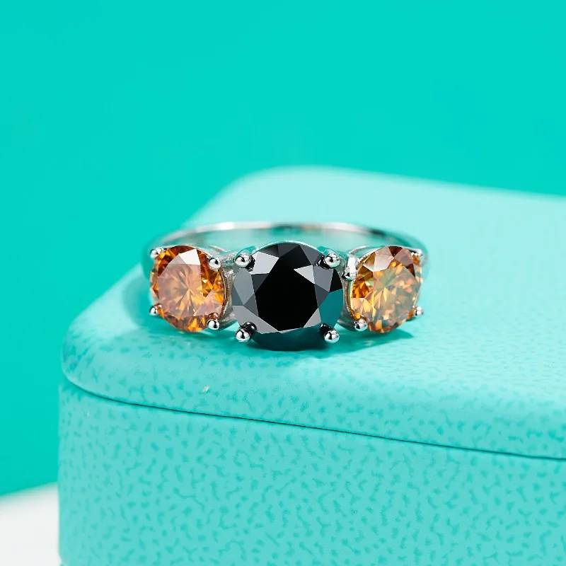 1pc 4.0 Carat Stylish Black Fanta Color Three Stone Moissanite Ring S925, Perfect Exquisite Birthday Gift for Family and Friends