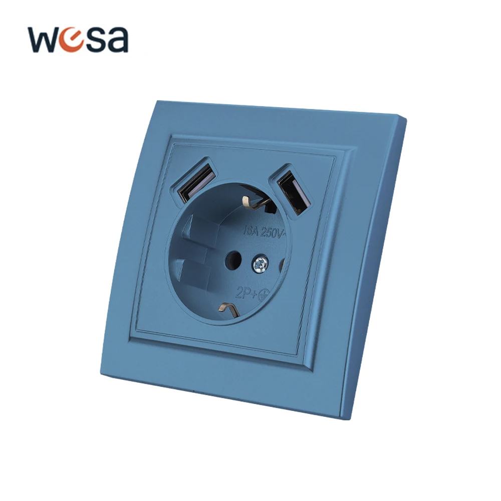 

WESA Blue Dual USB Power Socket 2.1A EU Standard Electrical Outlett Standard Ground Plug Wall Socket Flame Retardant Plastic