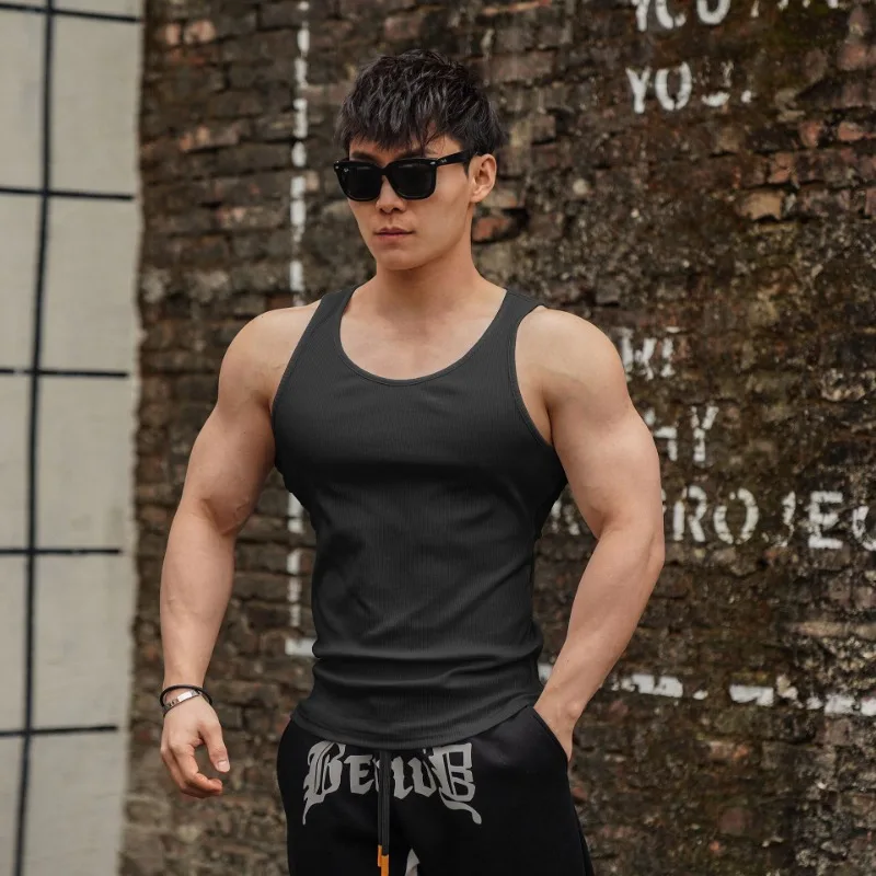 Summer Men\'s Casual Solid Cotton Tank Tops Gym Fitness Sleeveless Undershirt Sports Running Vest Bodybuilding Workouts Clothing