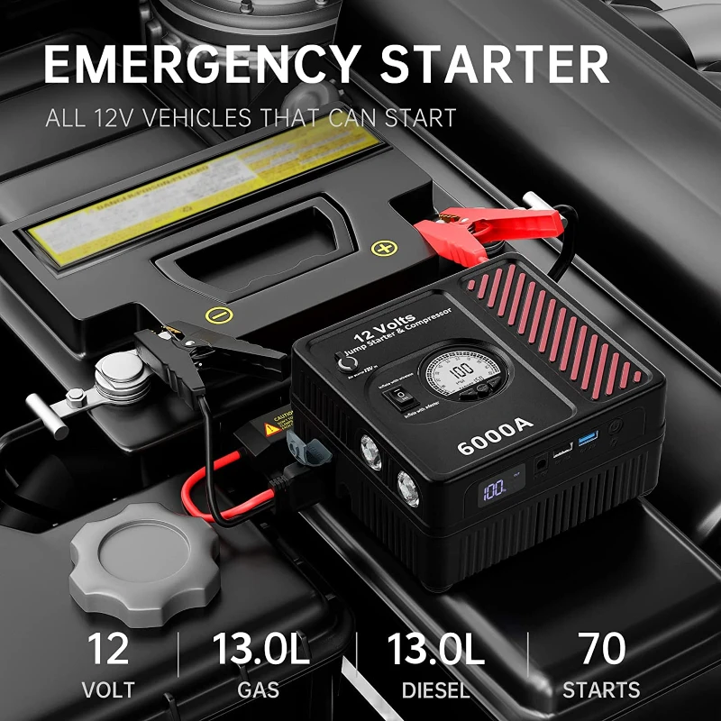 For 12V  6000A Car Jump Starter Tire Inflator 150PSI Air Compressor Starting Device Battery Power Bank