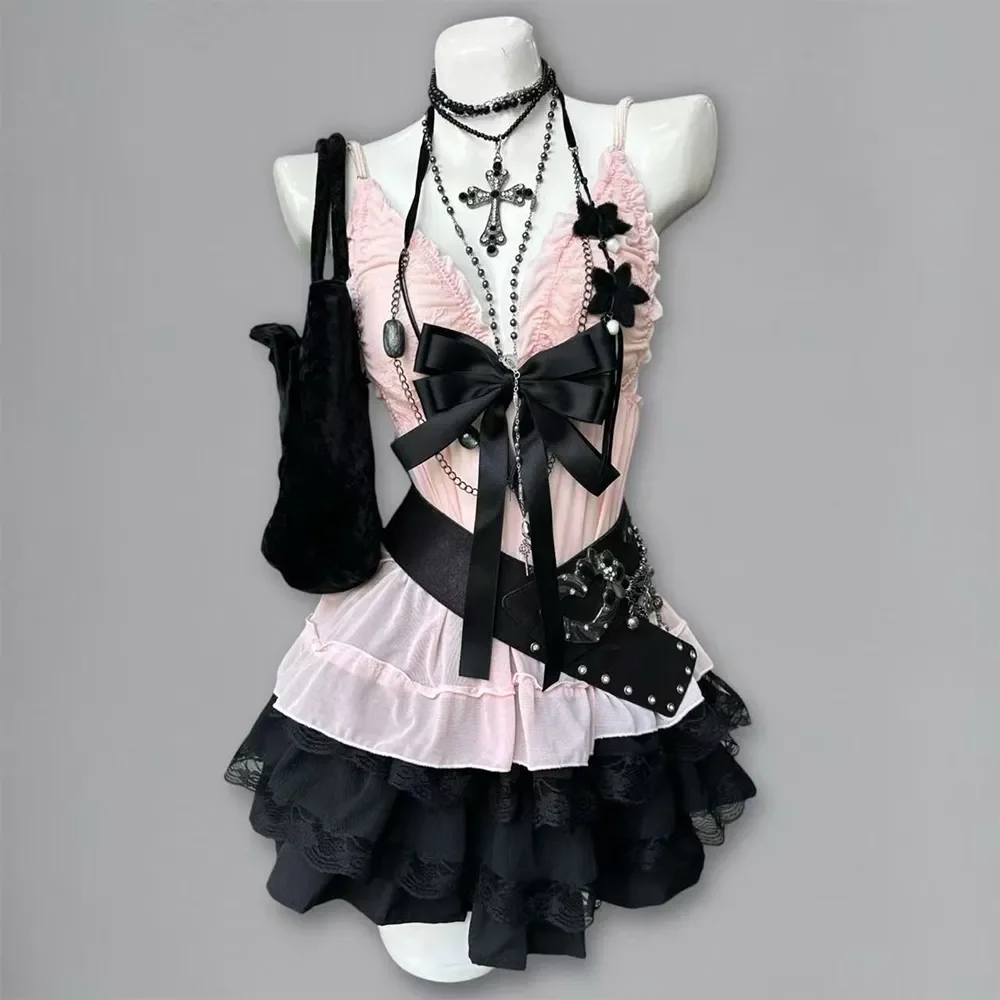 Gothic Style Vintage Short Sleeve Waist Coat + Lace Camisole + Polka Dot Mesh Mini Skirt Three-Piece Set Women Elegant Slim