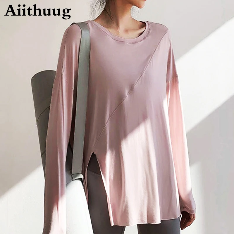 Aiithuug Round Neck Split Yoga Tops Women\'s Long Sleeved Breathable Lightweight Tee Fast Dry Loose Workout Pilates Gym Cover-up