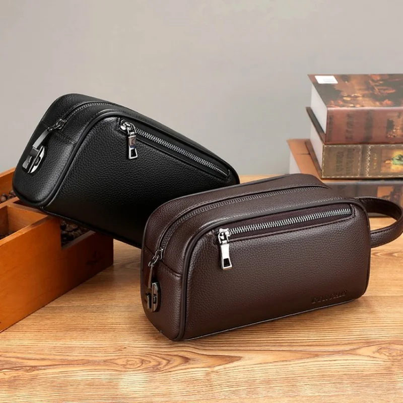 High Quality Top Layer Cowhide Double Zipper Handbag Anti-theft Wallet Card Bag Password Lock Buckle Bag For Men's Sacoche Homme