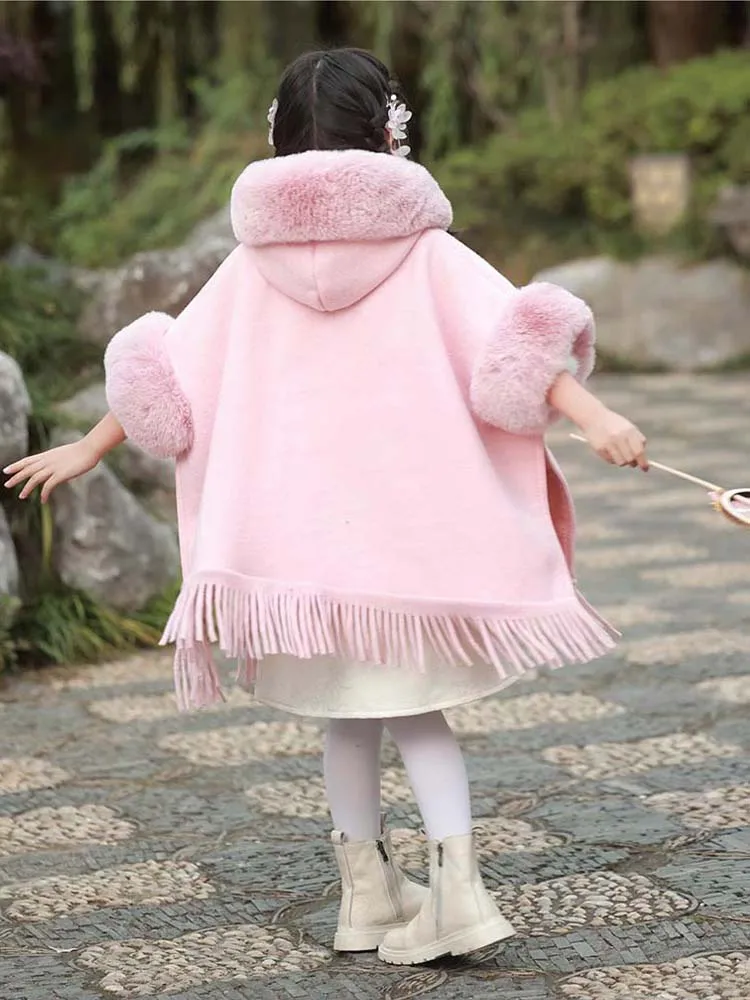 Girl Winter Thicken Wool Blends Faux Fur Coat Cape Children Loose Long Cardigan Cloak Princess Outerwear Hood Birthday Gift