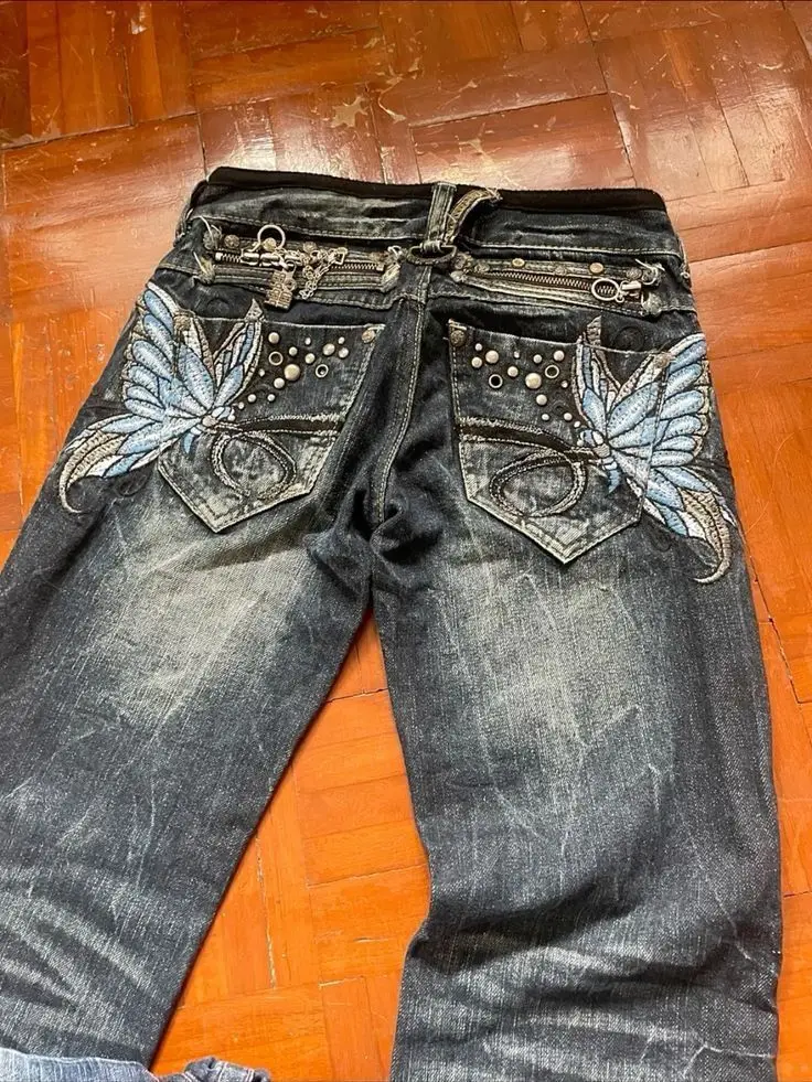 American Fashion High Street Large Size Butterfly Women Jeans Embroidered Baggy Jeans Y2K Millennium Harajuku Slim Flared Pants