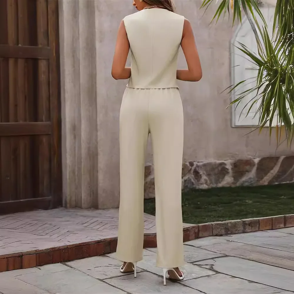 Two Piece Sets Women Pant Set V Neck Sleeveless Matching Sets Vests Tops Long Pants Blazer Straight Trousers Casual Streetwear
