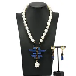 GuaiGuai Jewelry Real White Keshi Pearl Necklace Blue Kyanites Vintage Bronze Gold Plated Pendant Earrings Sets Lady Gifts