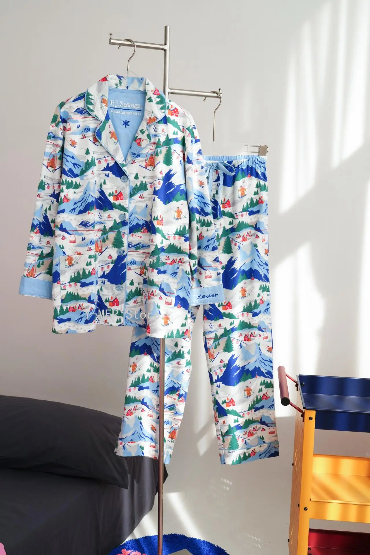 Women Cute Cartoon Print 2Pcs Pajama Set, 100% Brushed Cotton, Spring Autumn Long Sleeve & Long Pants Ladies Home Loungewear