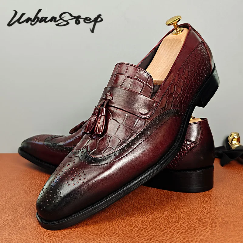 

Luxury Mens Loafers Moccasin Casual Leather Shoes Slip On Crocodile Print Tassels Formal Dress Shoes Brogue Wedding Men Shoes