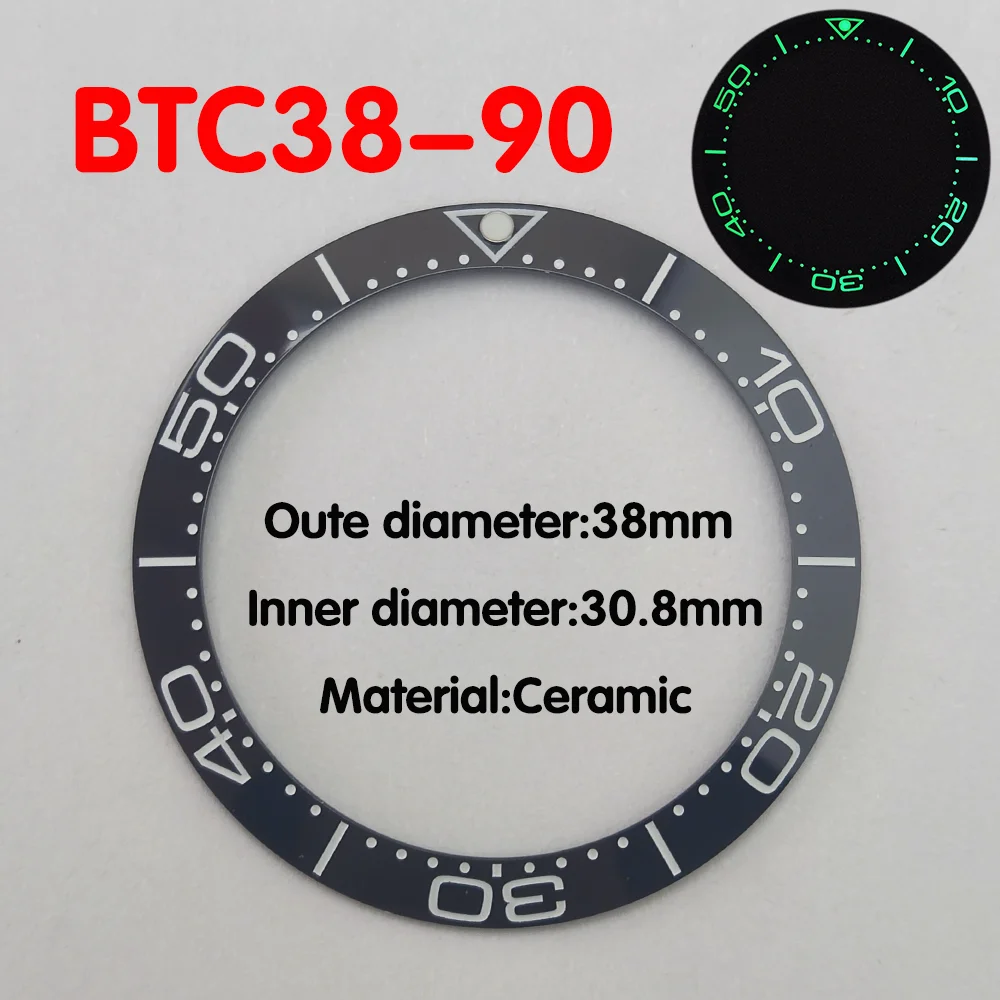 حلقة إدراج حافة سيراميك منحدرة مضيئة للرجال ، استبدال ساعة ميكانيكية ، استبدال GMT ، القطر الداخلي ، 38 ، أزرق وأخضر