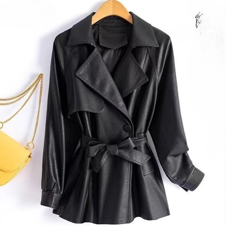 Women's Faux Leather Jacket Lapel Collar With Tie Waist Belt Long Sleeve Comfortable Versatile Commuter Casual Daily Wear Jacket