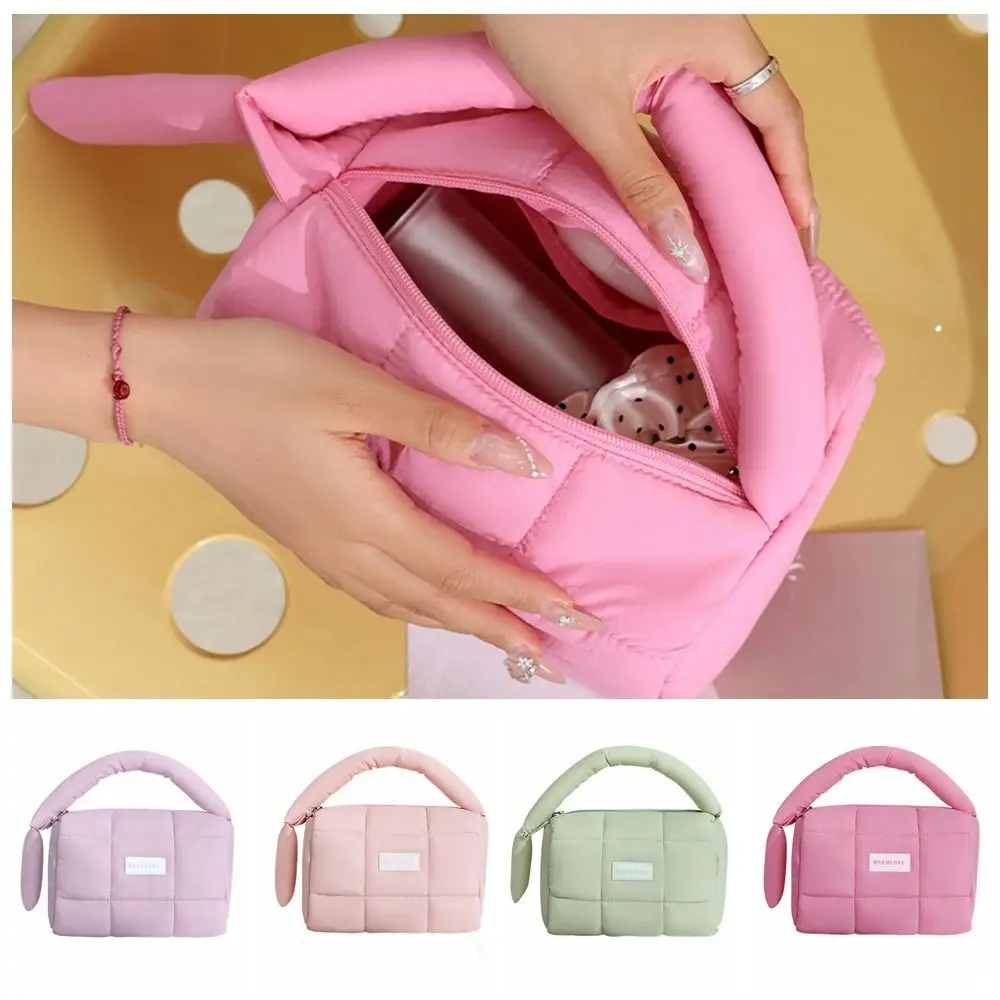 Soft Solid Color Puffy Makeup Bag Puffer Quilted Handheld Cosmetic Bag Nylon Large Capacity Toiletry Organizer Travel