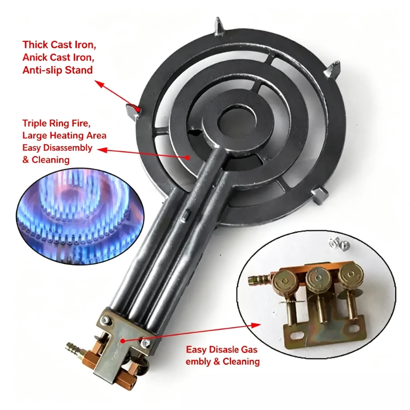High Heat Three Ring Gas Burner Head  Commercial Stove Parts Even Heating for Street Food Stall Pancake Flat Cookware