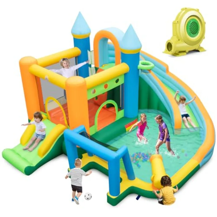 

Inflatable Water Slide 9 in 1 Giant Water Bounce House Park w/Dual Slides Soccer Gate Deep Splash Pool Indoor Outdoor Waterslid