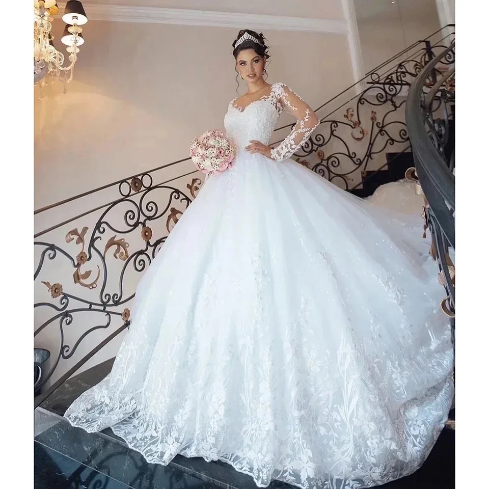 

Customize White O-Neck Appliques Wedding Dress Ball Gown Floor Length Bridal Gown Sweep Train Robe De Mariee Vestidos de novia