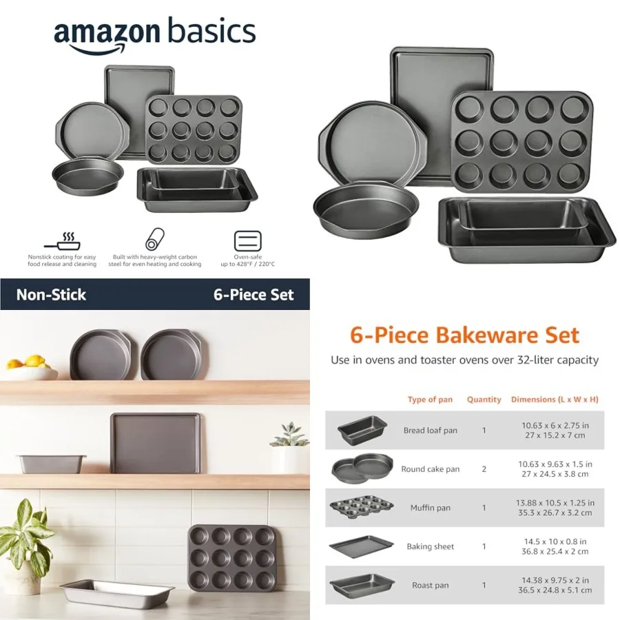 

6 Pcs Nonstick Carbon Steel Bakeware Set with Cake, Muff, Cookie, and Loaf Pans, Easy Release, Oven Safe
