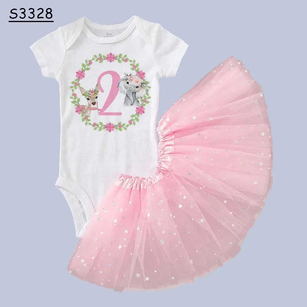 1 2 Year Wreath Birthday Girl Dresses Summer Newborn Short Sleeve Baby Tutu Dress Bodysuits Skirt Set Infantile Clothes Toddler